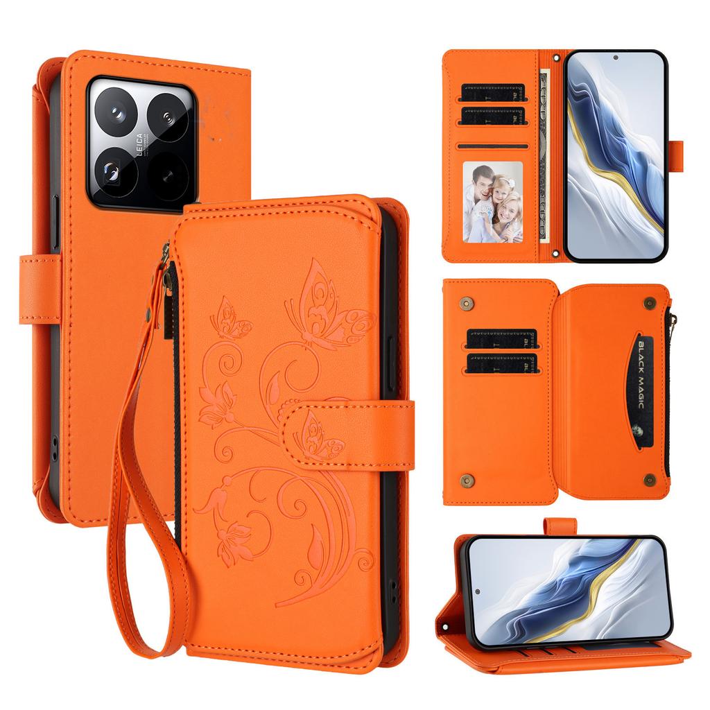 For Xiaomi 15T Leather Case Butterfly Floral Imprint Zipper Wallet Stand Cover with Wrist Strap