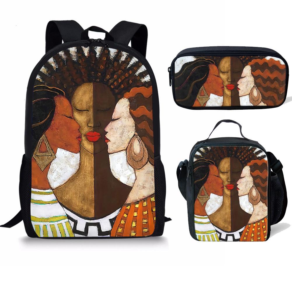Classic Popular Funny Lovely African Girls 3D Print 3pcs/Set Pupil School Bags Laptop Daypack Backpack Lunch Bag Pencil Case