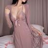 Intimo sexy, giarrettiera trasparente in pizzo, camicia da notte, rete trasparente, set da tre pezzi con vestaglia a spacco con giarrettiere