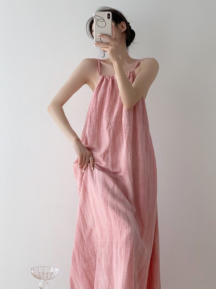 Dopamine Pink Smudge Dress Women's Summer Show Thin Temperament Big Swing Skirt Sleeveless Beach Long Skirt Vacation Suspender Skirt
