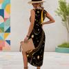 Women Plus Size Sleeveless U Neck Black Printed Dress High Side Slit Curved Hem