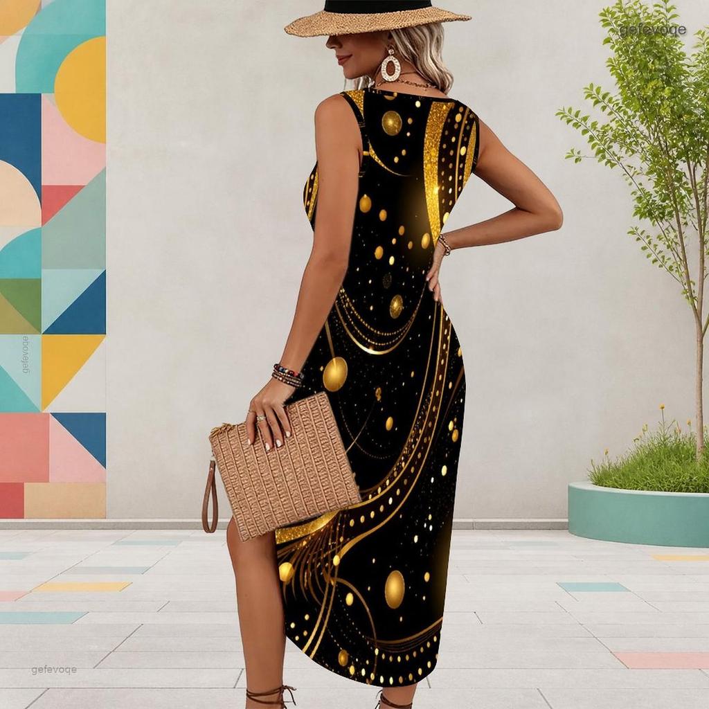 Women Plus Size Sleeveless U Neck Black Printed Dress High Side Slit Curved Hem
