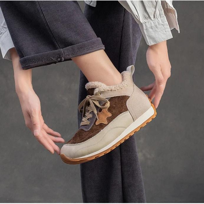 Johnature Warm Plush Cotton Shoes Versatile Lightweight Round Toe Lace-up Casual Women's Shoes