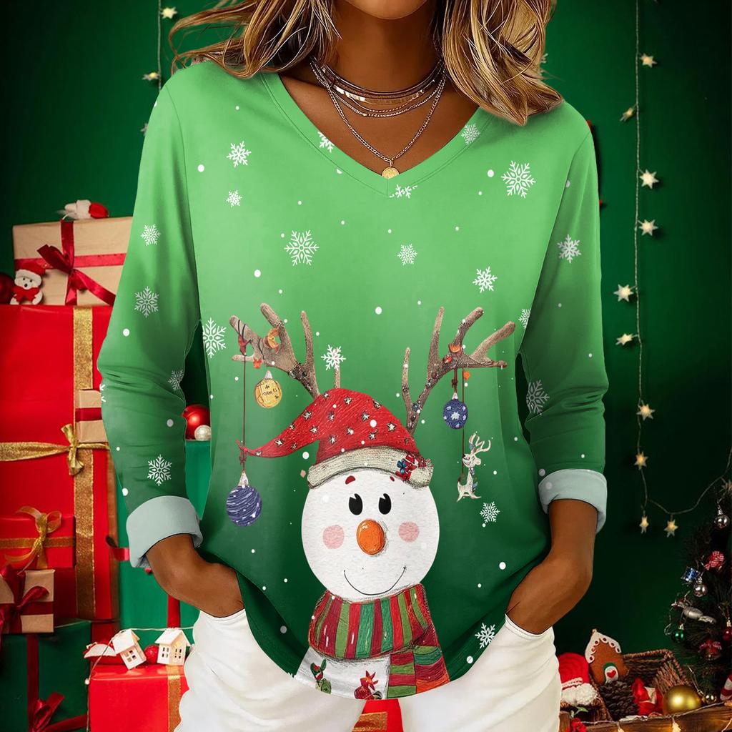 Women's Christmas Print Casual V-Neck Long Sleeve Top