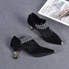Fashion 2024 New Summer Pointed Toe Elegant Women Dress Shoes Black Lace Rhinestone Slip-on Mesh Sandals Medium Heel Zipper Ladies Pumps