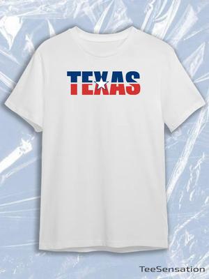 TeeSensation White Crew Neck Short Sleeve T-Shirt with Blue and Red TEXAS Text and White Star