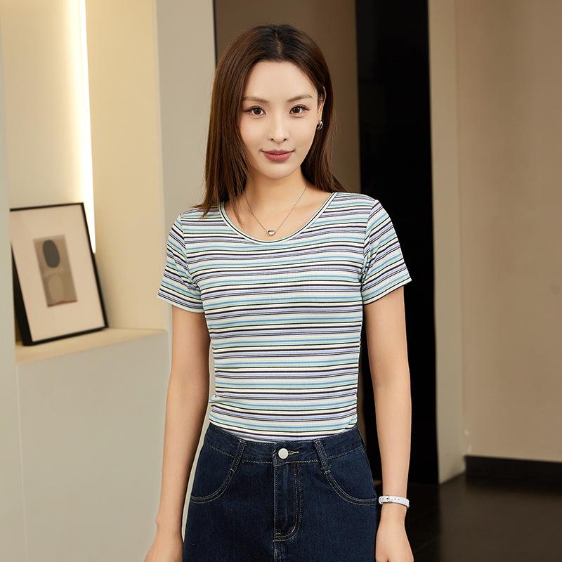 

Полосатый топ с подкладкой, открытой спиной и короткими рукавами - дышащая летняя одежда M