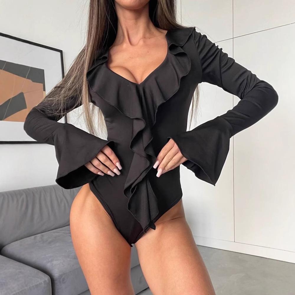 

Women s Onesie, New Summer V-neck, Ruffled Flared Sleeves, Slim Top, Onesie S