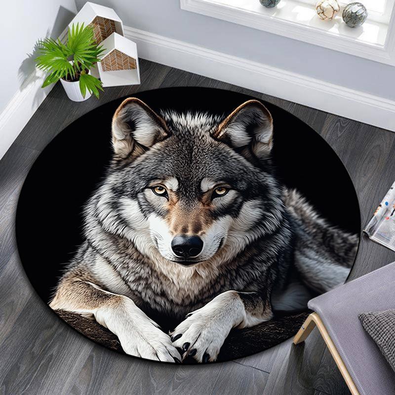 Gray Wolf Round Area Rug,Carpet Rug for Living Room Bedroom Sofa Playroom Decor,Non-slip Floor Mat