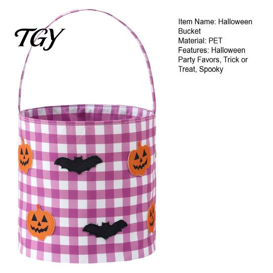 Reusable Candy Totes Halloween Bucket, Trick or Treat Basket for Kids Boys Girls, Plaid Pumpkin Autumn Scene Accessories Bat Ghost Tote Bag