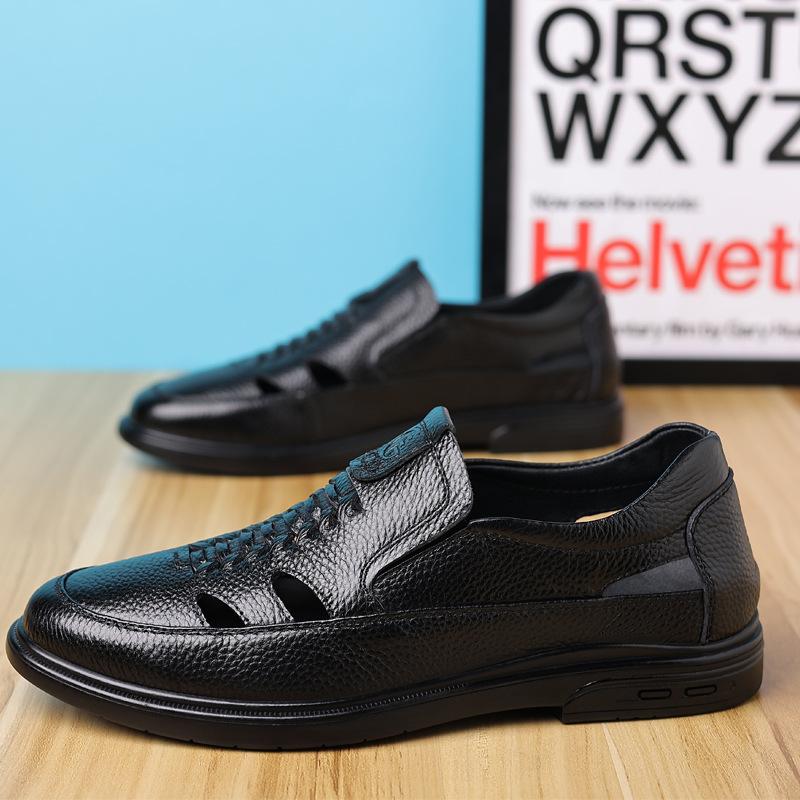 

Летние новые кожаные сандалии первый слой коровьей кожи кроссовки с отверстиями бизнес-платье для среднего и пожилого возраста полые туфли мужские 45 чёрный