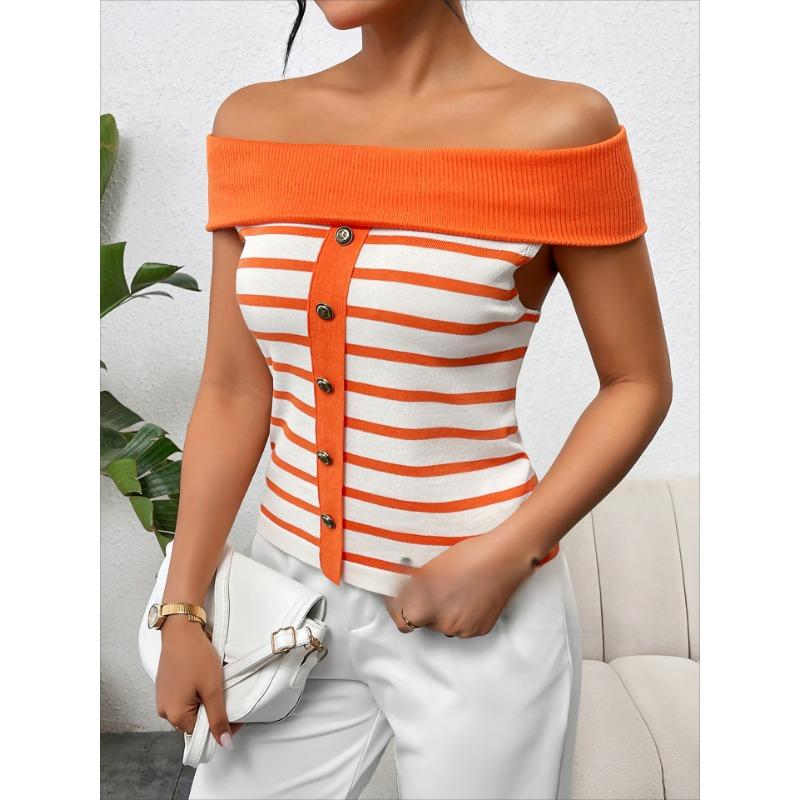 

Женский летний модный свитер с длинными рукавами и полосатым принтом, с открытыми плечами, трикотажный топ XL оранжевый