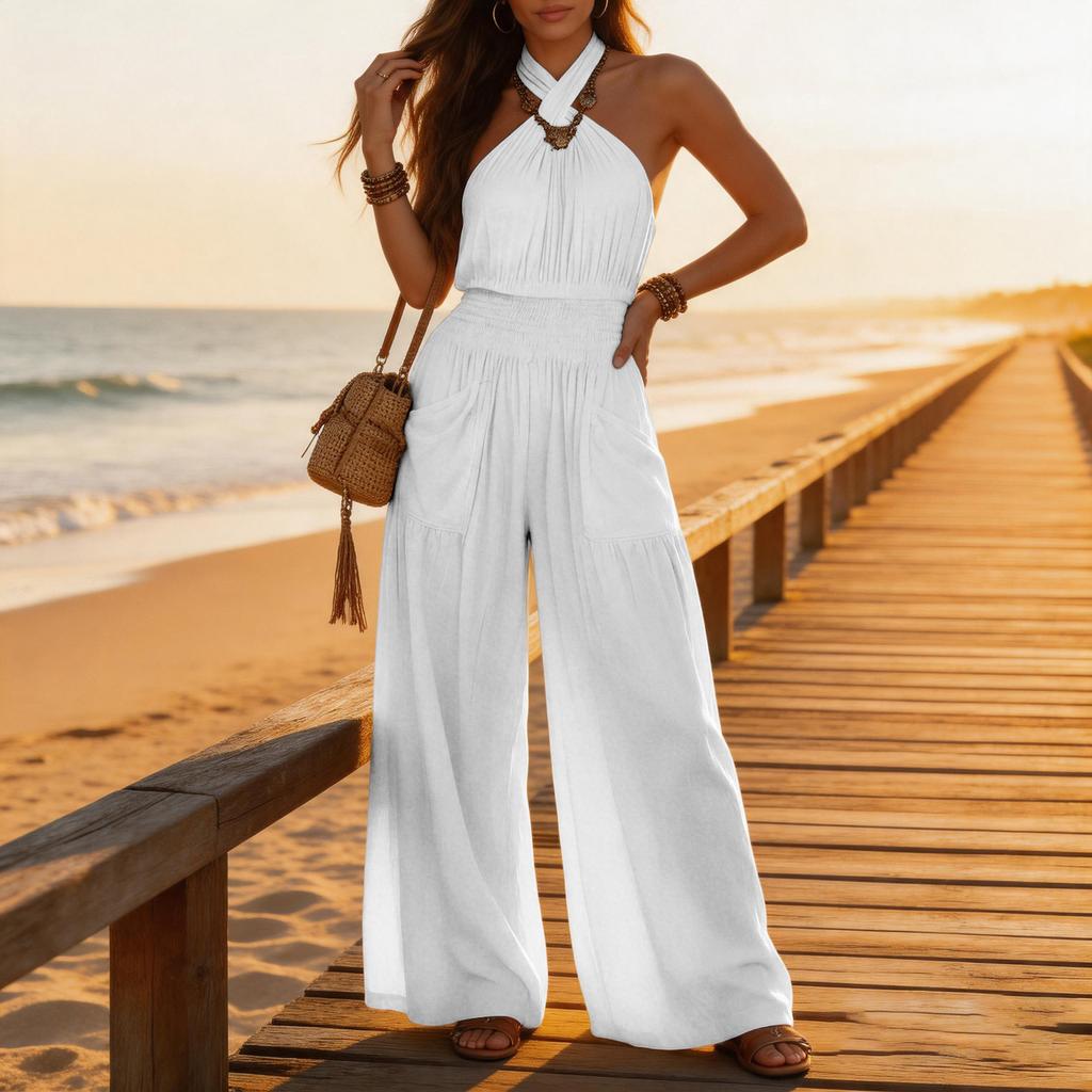 Damenmode ärmelloser Jumpsuit mit Rückenausschnitt, Taschen und weitem Bein