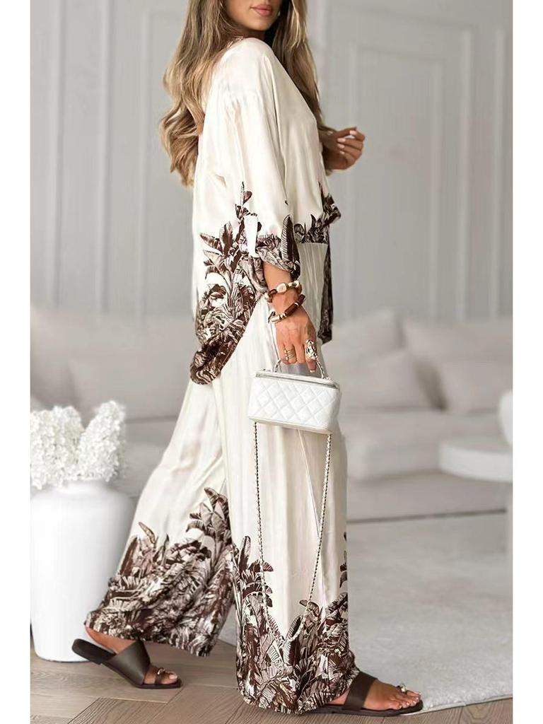 European & American Fashion Printed Cardigan and Wide-Leg Pants Set