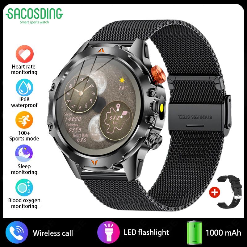 SACOSDING Men Smart Watch Compass LED Flashlight BT Call Heart Rate Sleep Health Monitoring Outdoor Sports Fitness Smartwatch