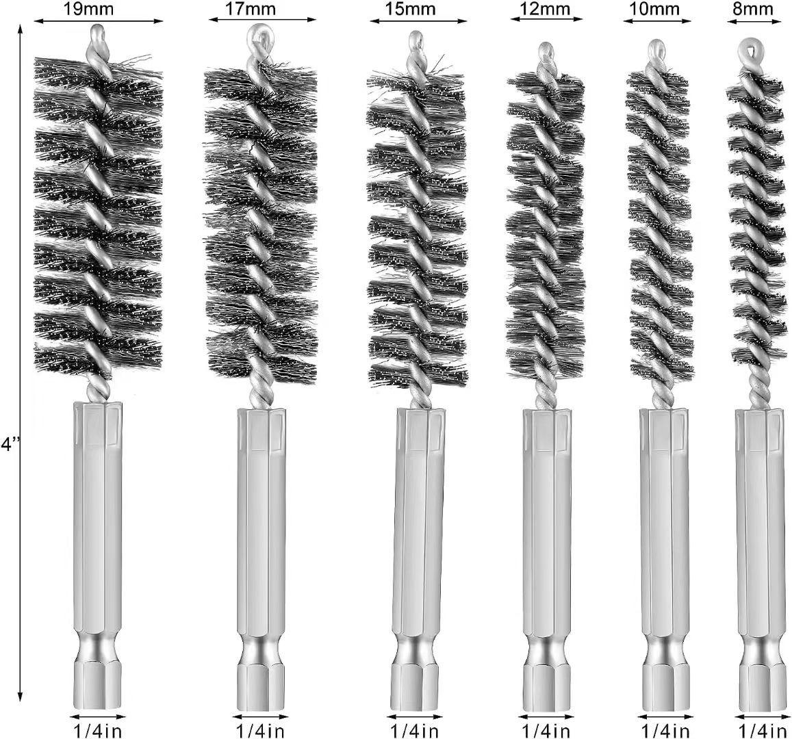 

Hexagonal Shank 1/4 Internal Hole Cleaning Brush, Rust and Contamination Removal, Short Style, Steel Wire Pipe Brush. Length 100mm, Bristle 50mm, Diameter 18mm