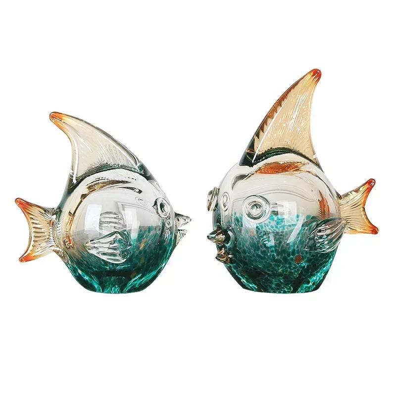 Glass Gradient Colorful Fish Statue Crystal Fish Figurine Sculpture Room Fish Tank Aesthetic Ornament Home Desk Decor