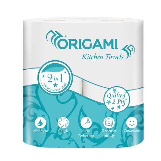 Origami 2 Ply 2 In 1 Kitchen Tissue Paper Roll - Pack of 6 (60 Pulls Per Roll, 360 Sheets)
