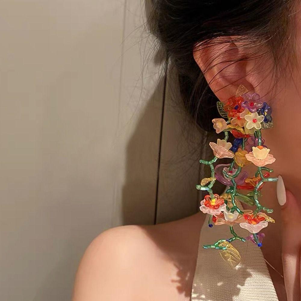Rural Style Beaded Tassel Earrings Handmade Colorful Floral Earrings  Birthday Gift