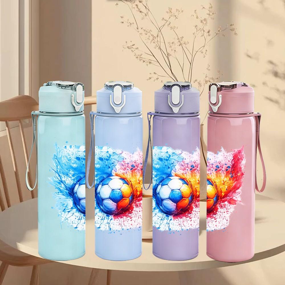 1PC Multicolor Splash Soccer Ball Print 750ml Color Plastic Sports Water Bottle Leakproof Flip Straw Lid Suitable for Sports Office Home Use