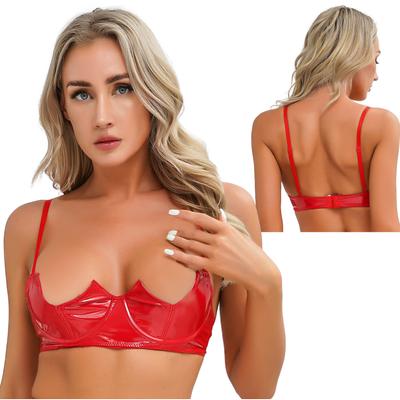 Dame Sexede Støttede Push Up Halvskål BH Toppe Undertøj Våd Look Patentlæder Justerbare Stropper BH