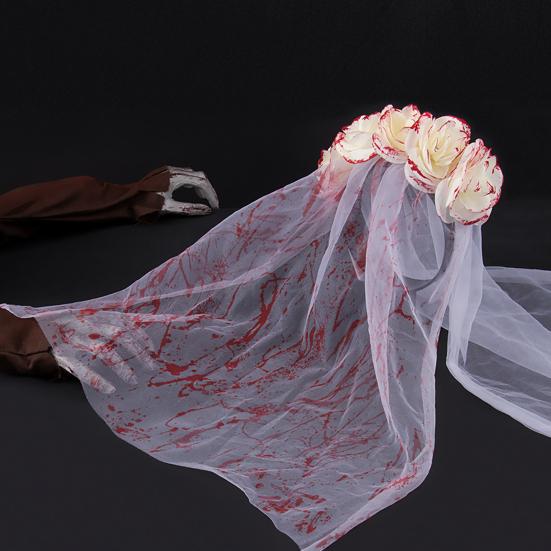 jijijing Rose Headband, Blood-Stained Veil Halloween Zombie Bride Headpiece, One-Piece Design Breathable Mesh Hair Hoop for Haunted House Cosplay