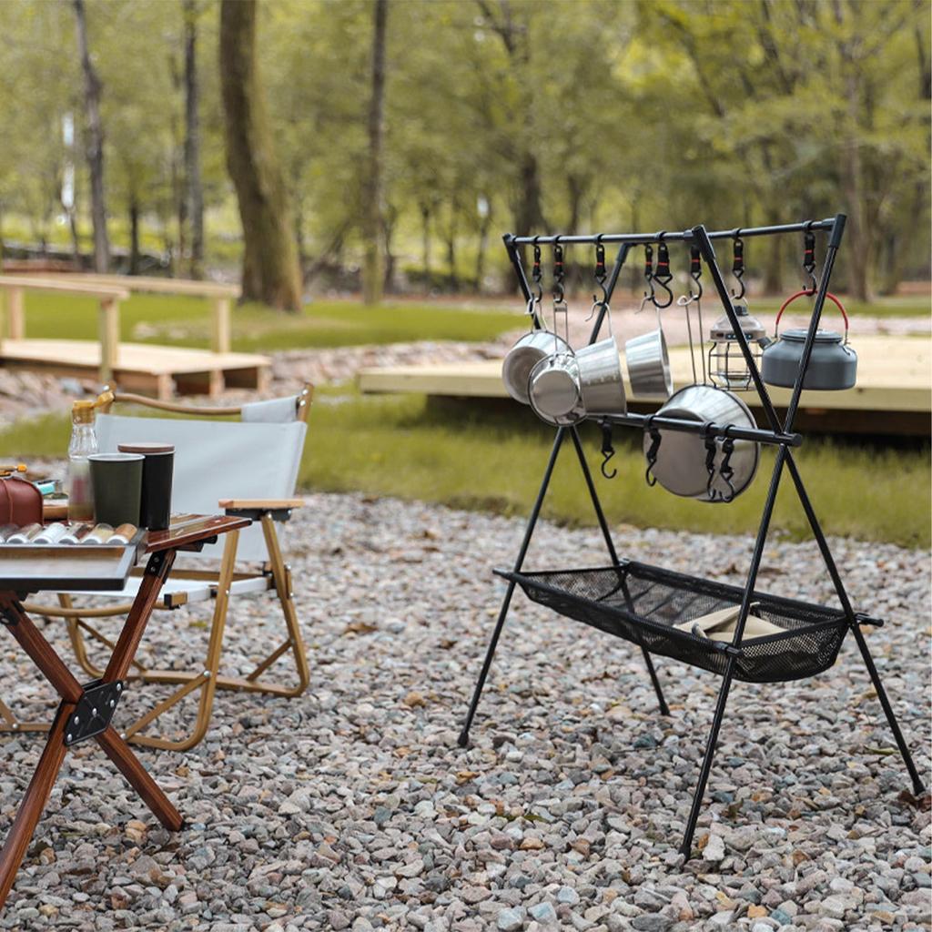 Camping Cookware Hanging Rack with Mesh and Hook Multilayer Collapsible Space Saving Camping Tools