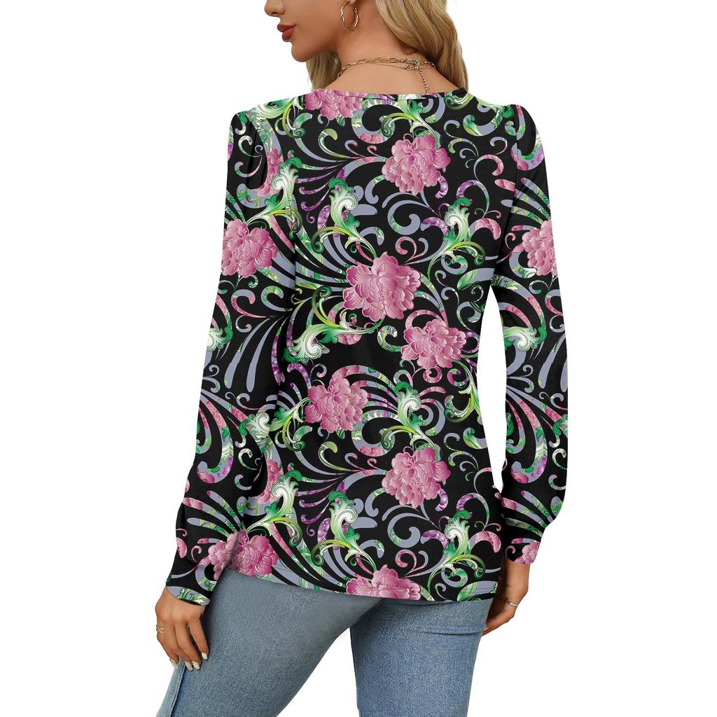 Košile s dlouhým rukávem pro ženy Roztomilý potisk Grafická trička Halenky Oblečené Ležérní halenky Skládané tuniky s nabíraným výstřihem