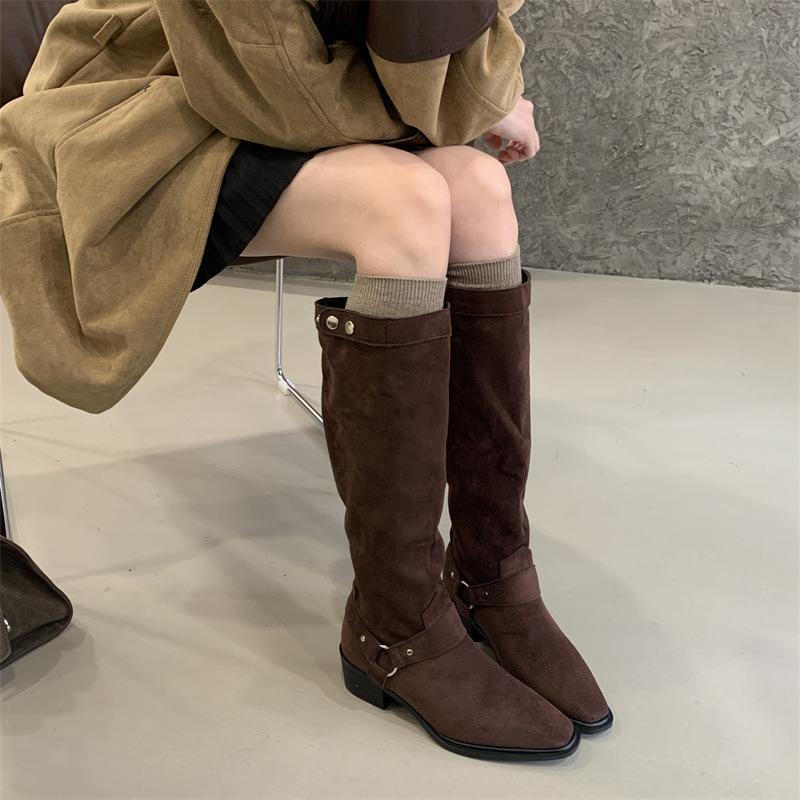 Rich and rich retro Maillard cowboy boots belt buckle thick heel tall boots autumn and winter 2025 new knight boots