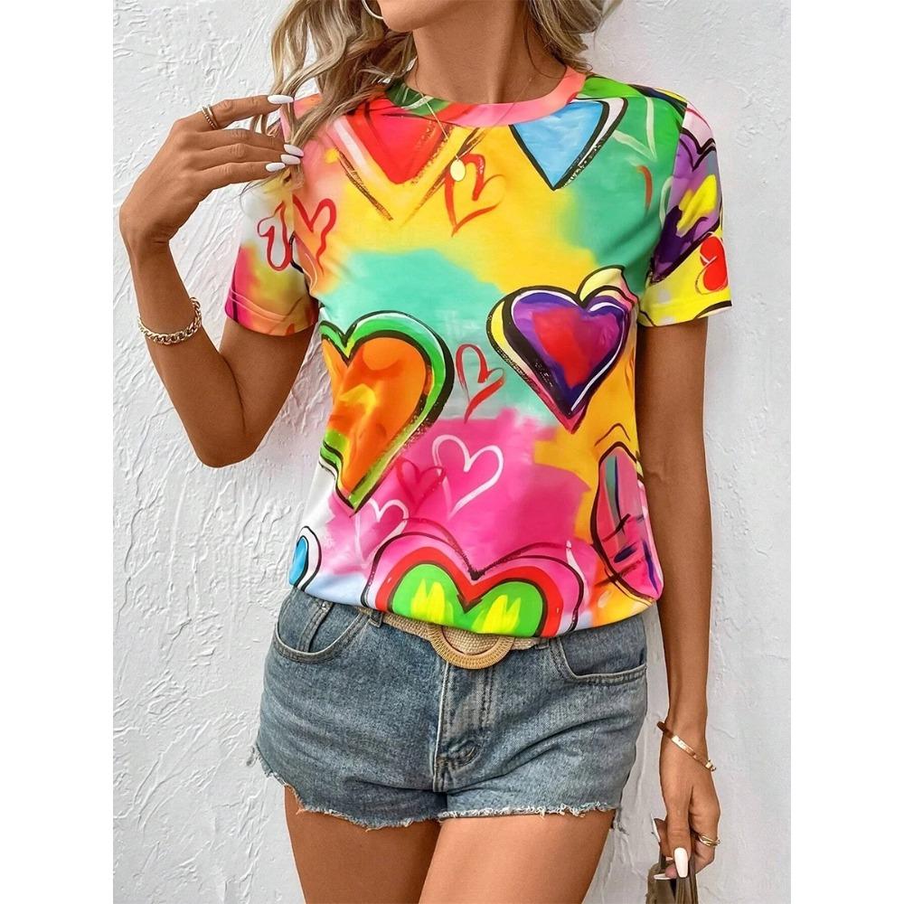 3D Printed Short-sleeved Heart-printed Women s Round Neck T-shirt Summer Literary Loose Women s Casual Short-sleeved Top Y2K M