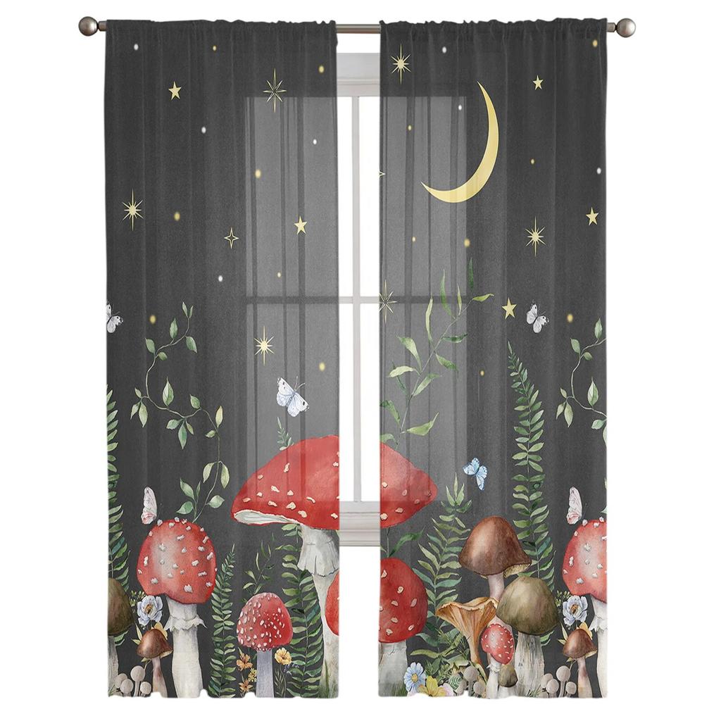 Shiitake Mushroom Flower Moon Bedroom Transparent Sheer Curtains Holiday Decoration Window Voile Tulle Curtain