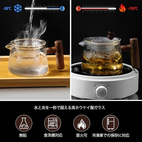 FGIUKC Heat-Resistant Glass Teapot, 500ml, with Wooden Handle, Transparent Glass Teapot with Strainer, Suitable for Green Tea, Black Tea, Fruit Tea, L