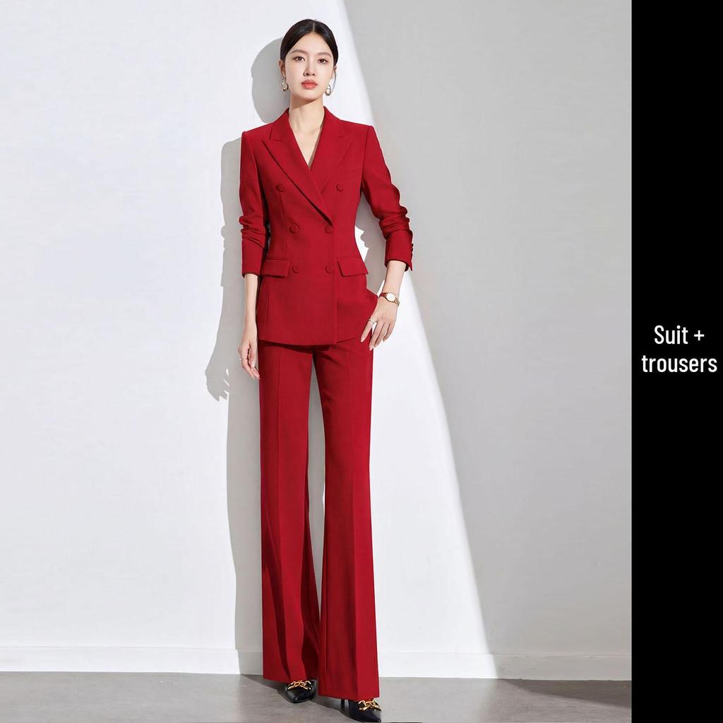 2026 Red Double-Breasted Slim-Fit Suit Set: Spring/Autumn Professional Host Wear