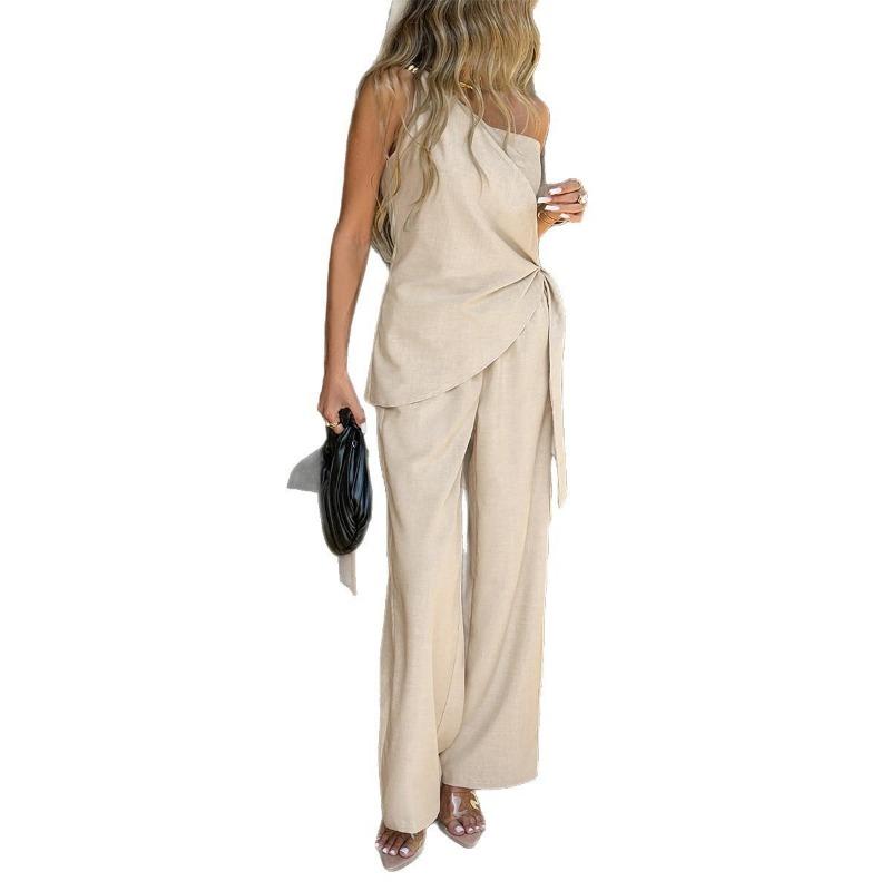 Damen Ein-Schulter-Top mit weitem Bein, langes Hosen-Zweiteiler, lässiges Set