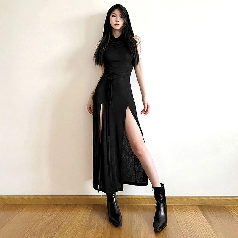 

Hooded Hem Slim Personalized Dress Hood Hem Split Personality Dress Black L(L)