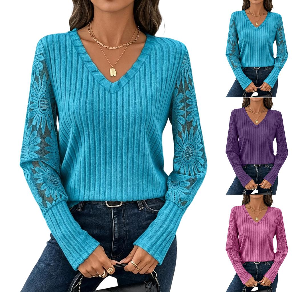 Women's Long Sleeve Knit Layering Top with Lace Trim, Color Casual Blouse