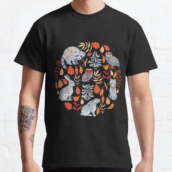 Fairy forest with animals and birds. Raccoons, owls, bunnies T-Shirt S-3XL L