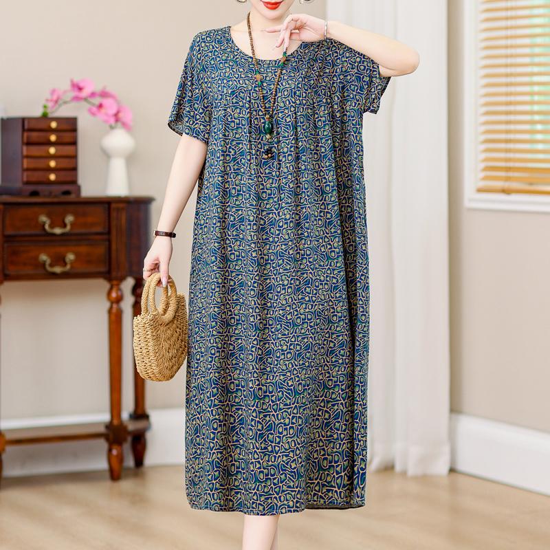 Plus Size Loose Vintage Print Langes Kleid für Damen Lässige Kurzarm-Sommer-Damenkleider