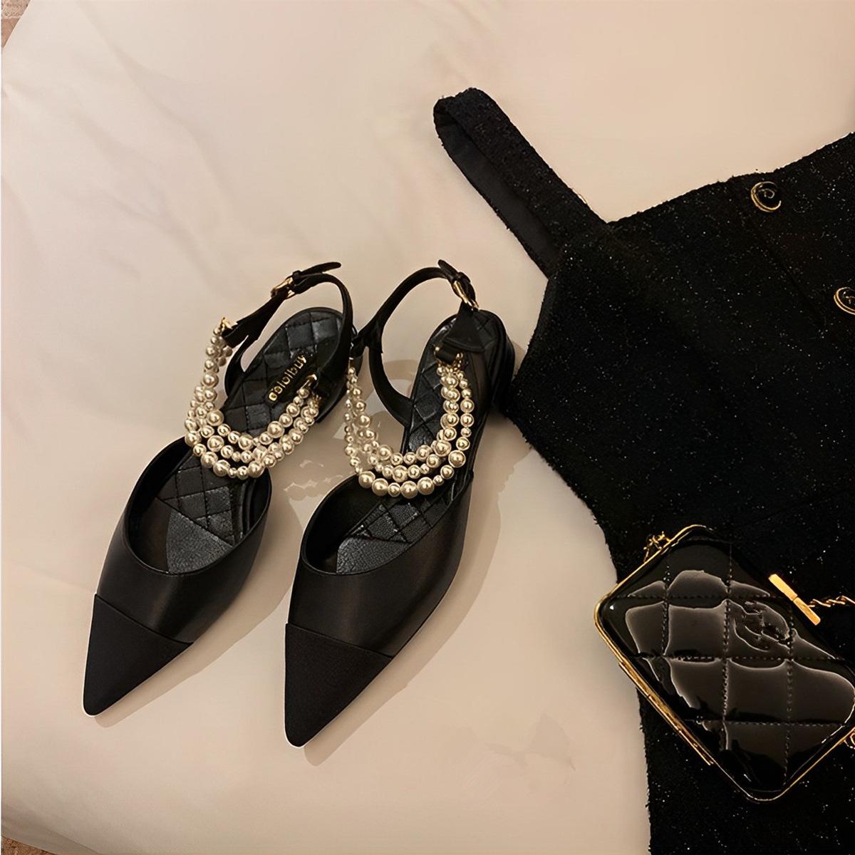 

Xiaoxiangfeng low-heeled bag head sandals women s spring 2025 new pearl chain fashion pointed flat-soled single shoes women 40