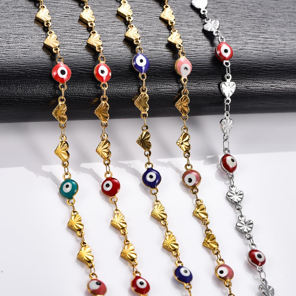 6MM Stainless Steel Necklace for Women Gold Chain Embosssed Heart Turkish Evil Eye Chain Bead Charms Metal Jewelry Choker