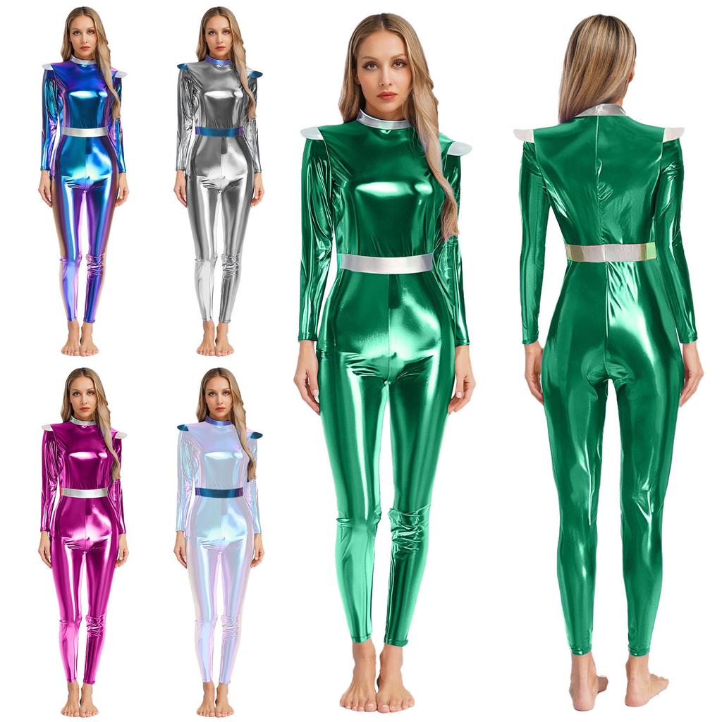 Damen Cosplay Halloween Alien Kostüm Kriegerin Astronautin Outfit Roboter Weltraum Ausgefallenes Verkleiden Jumpsuit Performance Kostüm