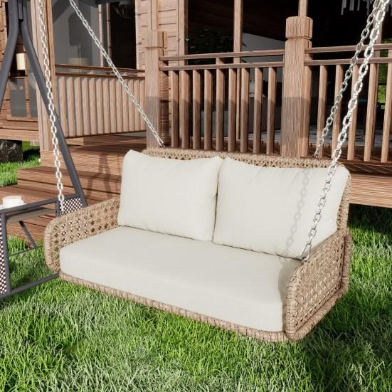 Hanging Swing Chair Wicker Double Seats Metal Chain Without Frame 320Kg Load Capacity Outdoor Garden Porch Patio Swing Lounge with Back Cushion