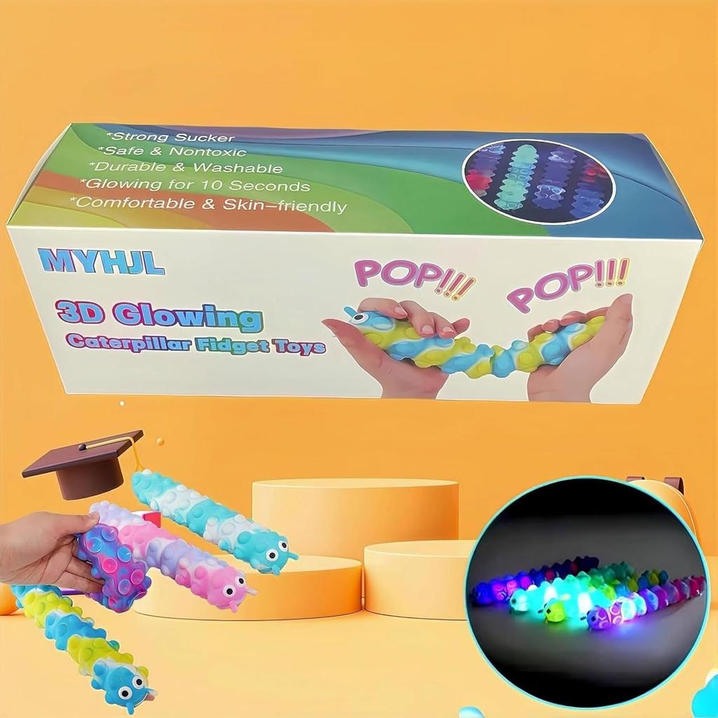 1Pc 3D Caterpillar Fidget Toy with 10 Seconds Light-Up, Silicone Suction Slug Fidget Sensory Toys, Anti-Anxiety Finger Strength Trainer