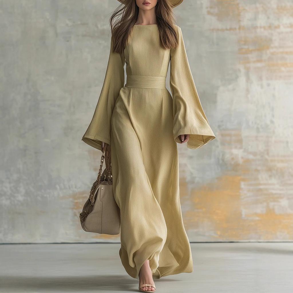 Women's High Neck Long Sleeve Dress with Bell Sleeves and Waist Tie