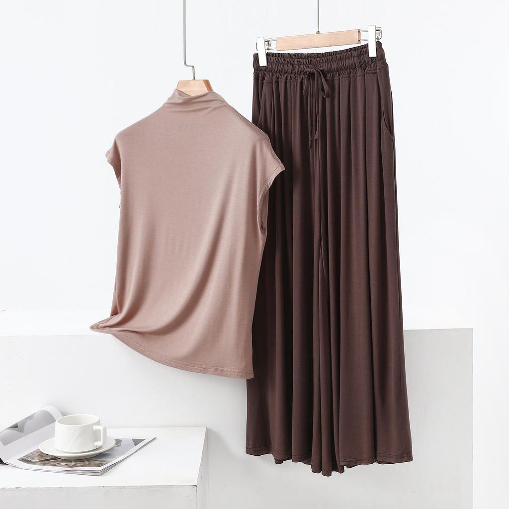 Summer High-Neck Sleeveless Top & Color Block Wide-Leg Pants Two-Piece Set