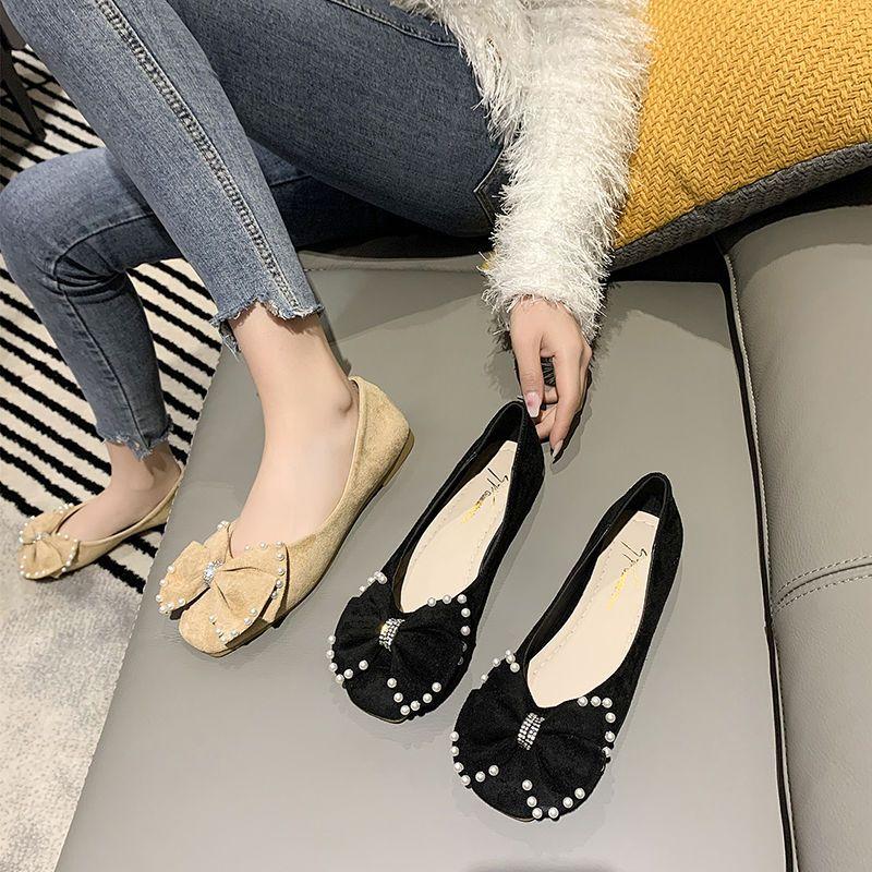 Square Toe Shoes for Women Black Pearl with Bow Woman Flats Deals Offers Comfortable and Elegant Vulcanized Shoe Designer Luxury