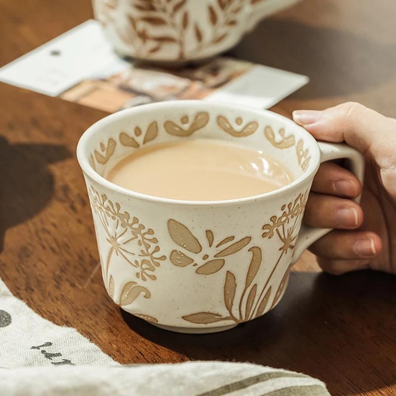 350ml Ceramic Coffee Mug Plant Leaf Pattern Porcelain Mug Latte Coffee Cups Milk Tea Mug Pottery Tea Cups Couples Gift Drinkware