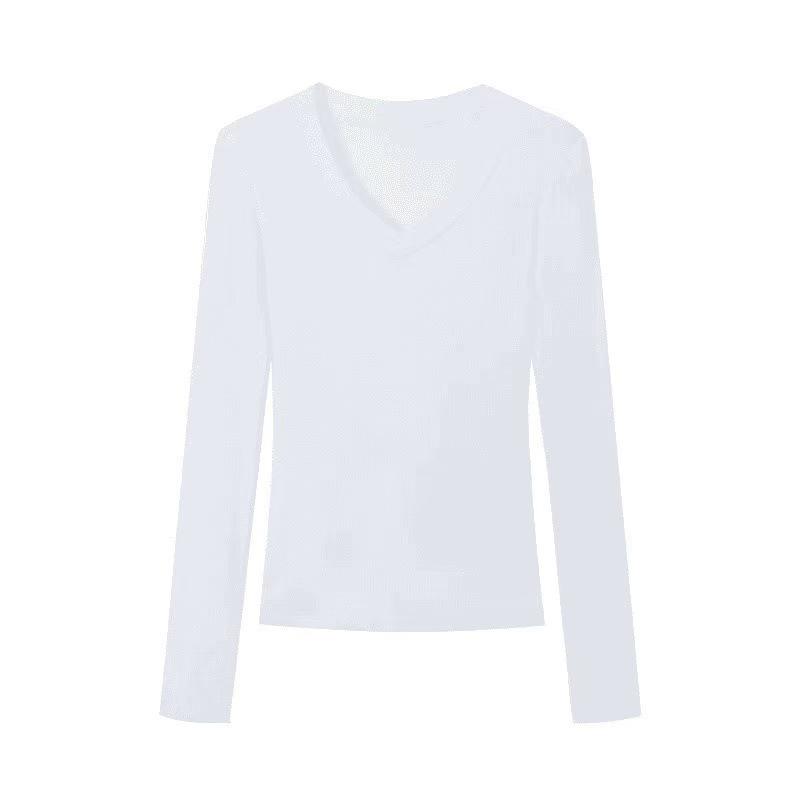 

Женский облегающий топ с V-образным вырезом и длинными рукавами 2024 года: Универсальный прямой крой для осени/зимы. X-Large белый