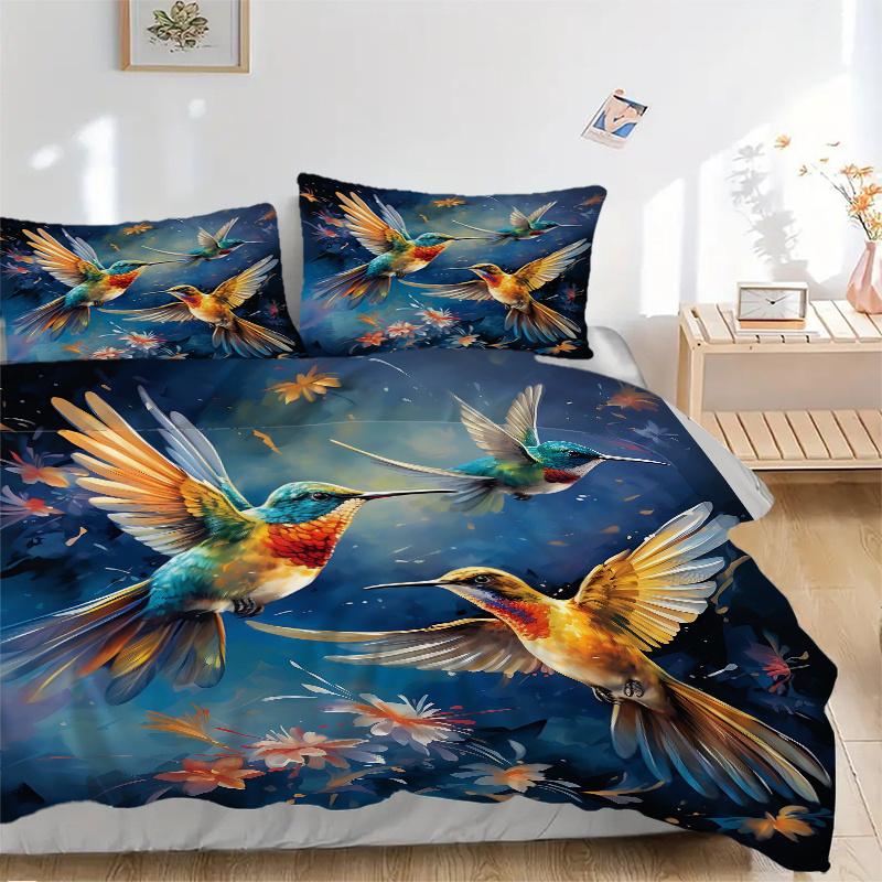 3pcs Whimsical Dance of Hummingbirds Pattern Bedding Three-Piece Set (1 Cover + 2 Pillowcases, No Fillings), This Printed Bedding Set Is Soft and