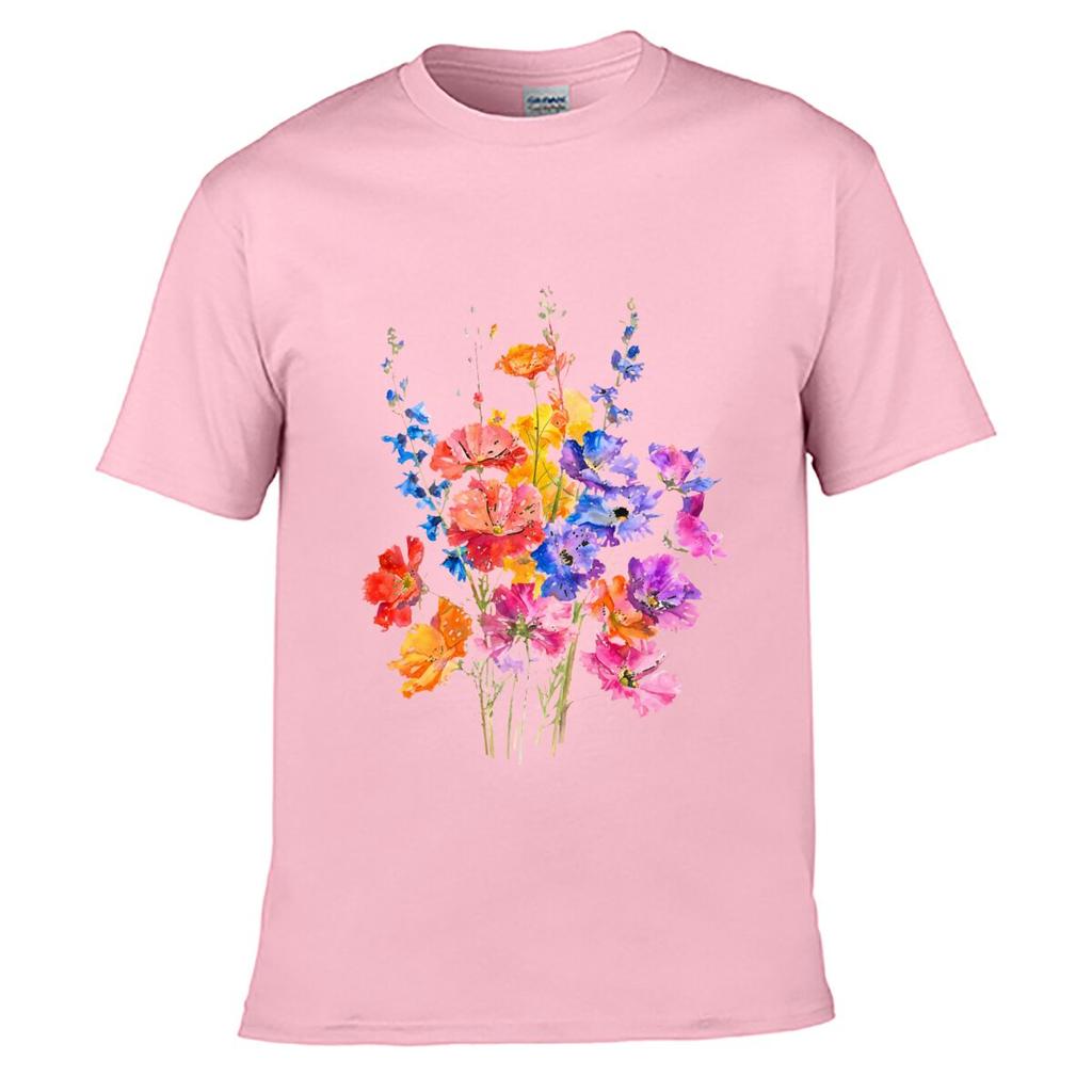 Colorful Wildflowers Watercolor Floral Bouquet Botanical Art Unisex Summer Washed Tee Loose Distressed Top